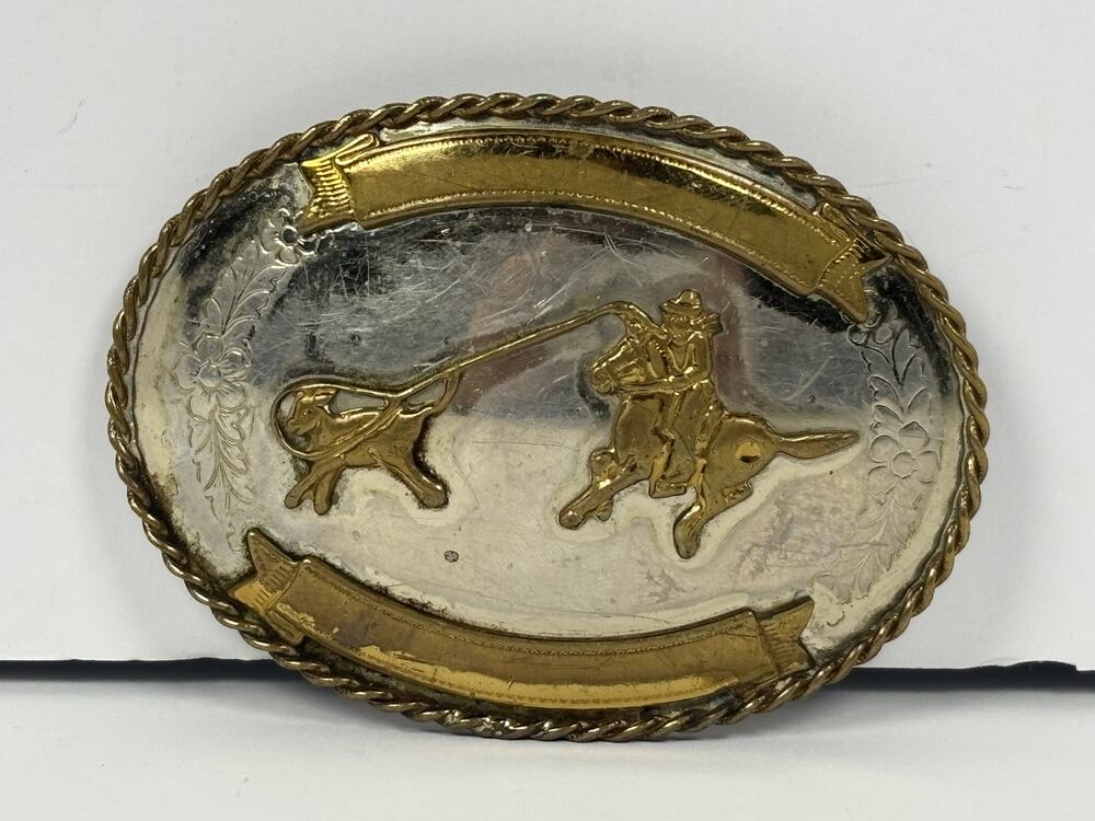 Vintage German Silver Rodeo Belt Buckle Calf Roping Cowboy Western Oval